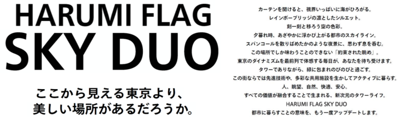 HARUMI FLAG SKY DUOのネーミングとステートメント。ネーミング「HARUMI FLAG SKY DUOここから見える東京より、美しい場所があるだろうか。」、ステートメント「カーテンを開けると、視界いっぱいに海がひろがる。レインボーブリッジの凛としたシルエット。刻一刻と移ろう空の色彩。夕暮れ時、あざやかに浮かび上がる都市のスカイライン。スパンコールを散りばめたかのような夜景に、思わず息を呑む。この場所でしか味わうことのできない「約束された眺め」。東京のダイナミズムを最前列で体感する毎日が、あなたを待ち受けます。タワーでありながら、緑に包まれのびのびと過ごす。この街ならでは先進技術や、多彩な共用施設を生かしてアクティブに暮らす。人、眺望、自然、快適、安心。すべての価値が融合することで生まれる、新次元のタワーライフ。HARUMI FLAG SKY DUO 都市に暮らすことの意味を、もう一度アップデートします。」