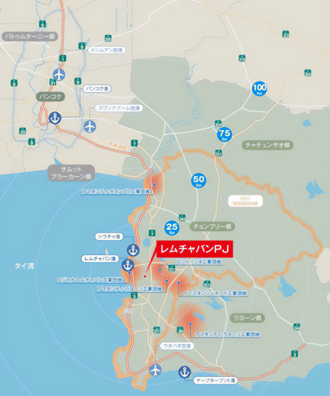 「アルファ レムチャバンプロジェクト」の位置図。バンコクの南東、タイ最大の湾岸工業地帯(EEC)を構成するチョンブリ県のレムチャバン港に近接。