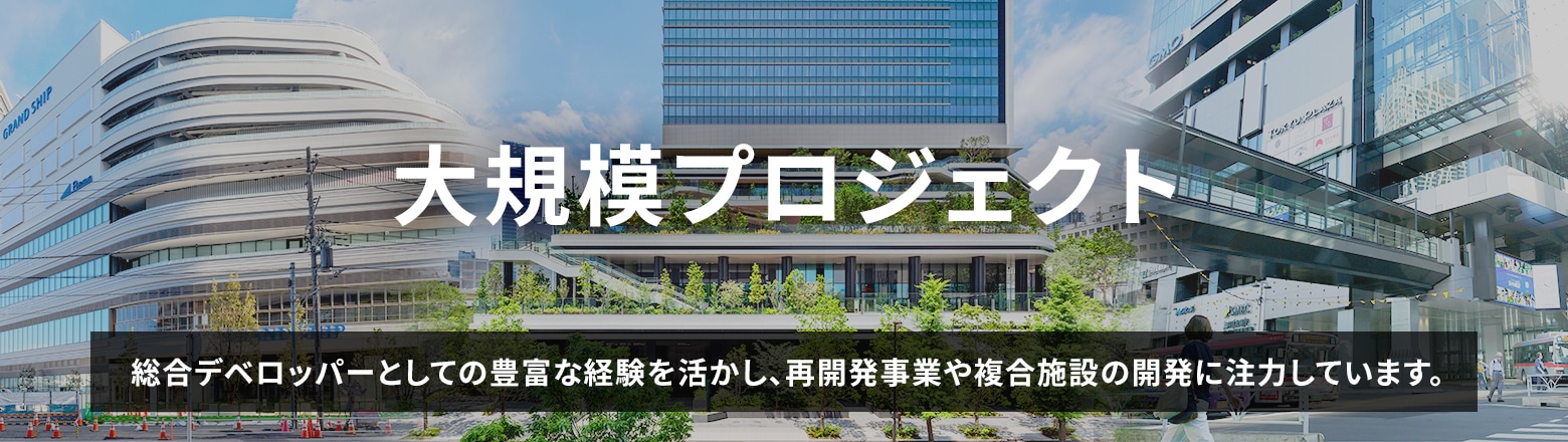 大規模プロジェクト　総合デベロッパーとしての豊富な経験を活かし、再開発事業や複合施設の開発に開発に注力しています。