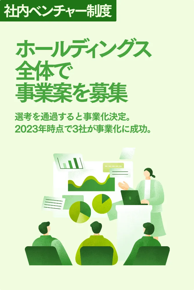 社内ベンチャー制度 ホールディングス全体で事業案を募集 選考を通過すると事業化決定。2023年時点で3社が事業化に成功。